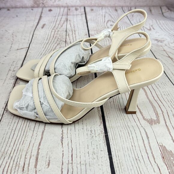 Women’s Stiletto Heels Sparkle Square Toe Ankle Strap Sandals Shoes Beige 8 - Picture 6 of 10